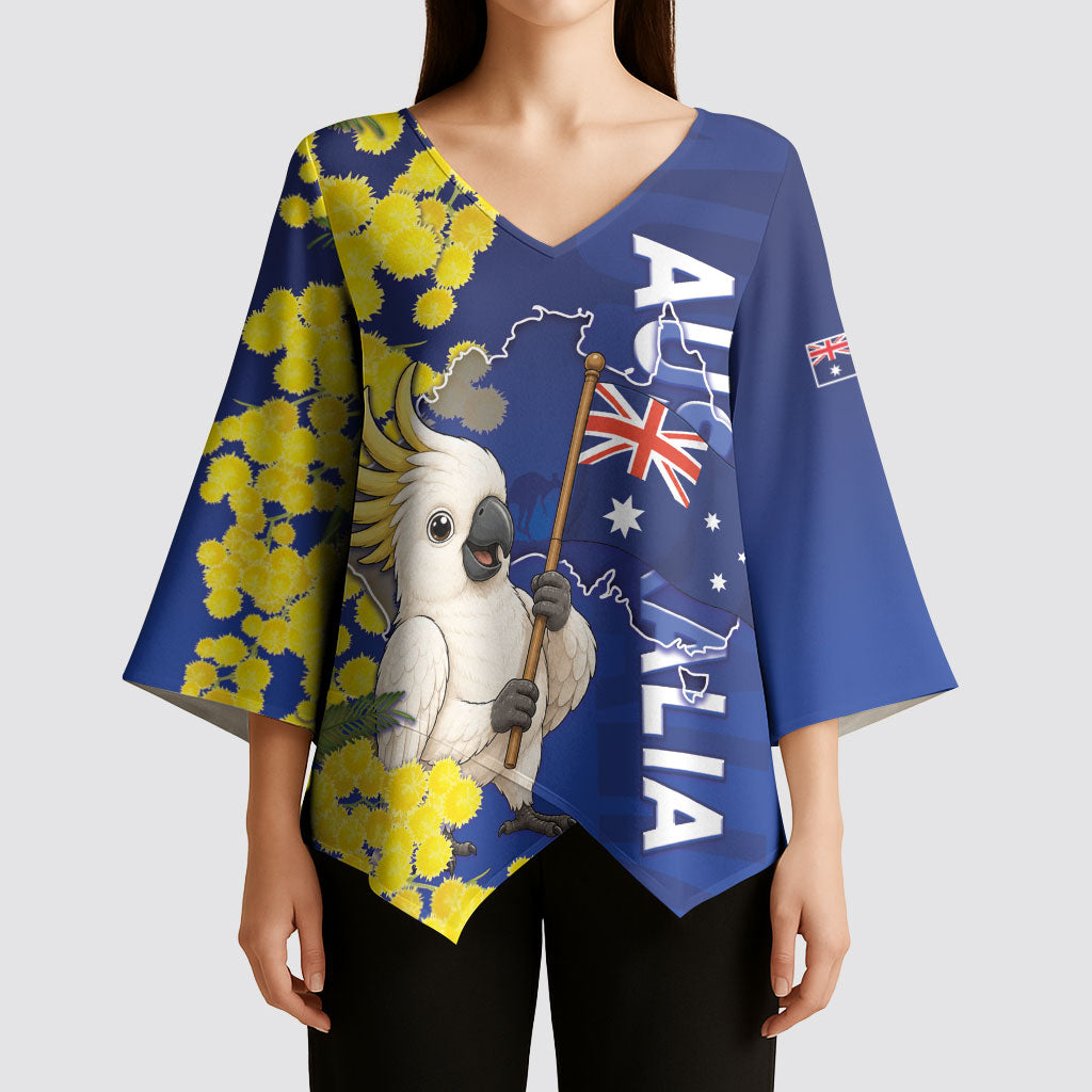 Australia Cockatoo Kimono Sleeve Blouse Aussie Flag With Golden Wattle