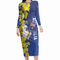 Australia Cockatoo Long Sleeve Bodycon Dress Aussie Flag With Golden Wattle