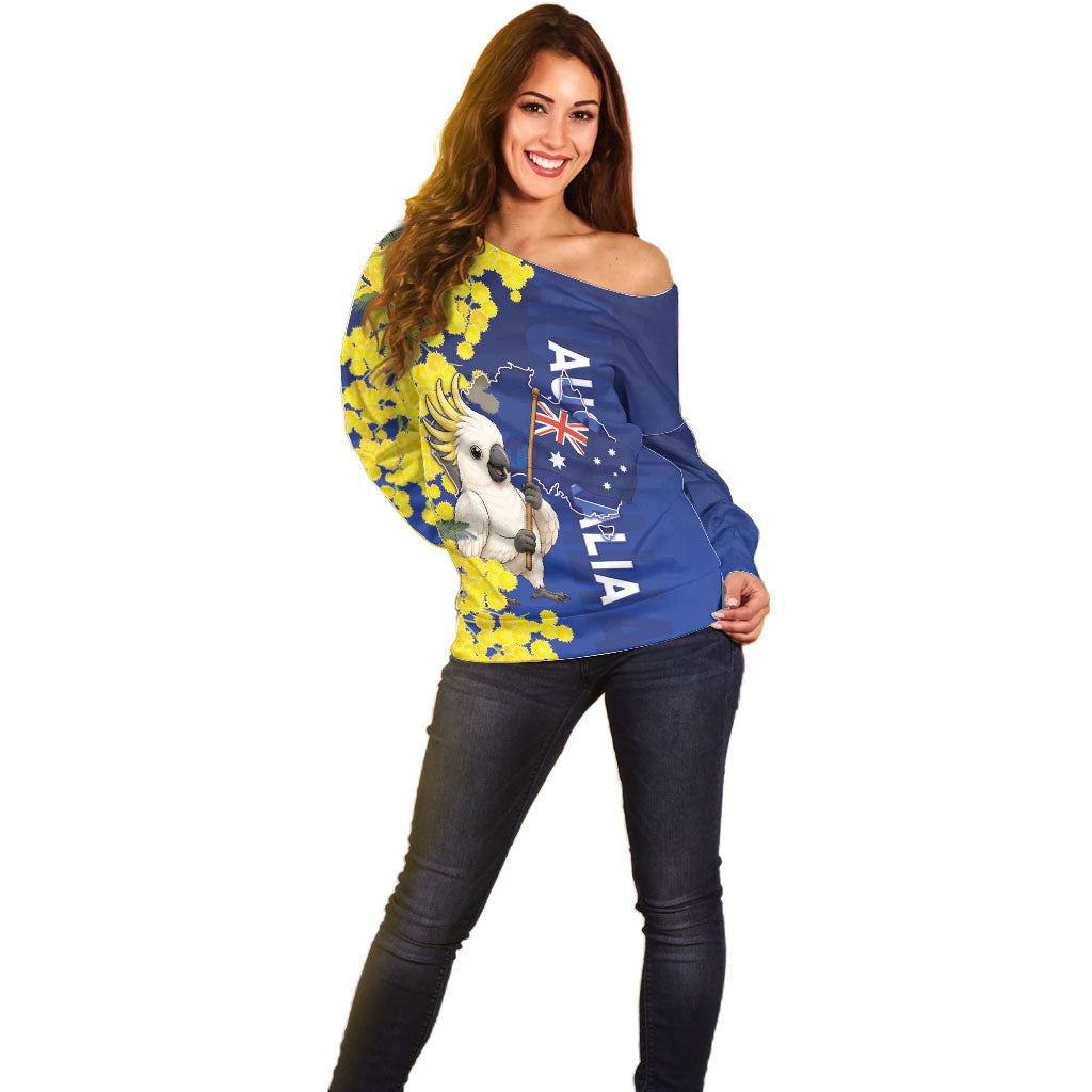 Australia Cockatoo Off Shoulder Sweater Aussie Flag With Golden Wattle