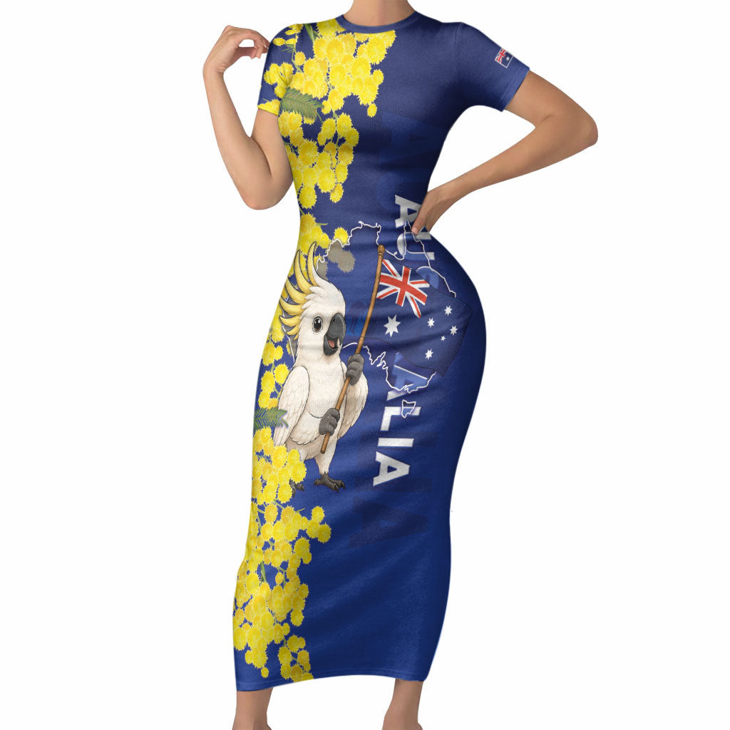 Australia Cockatoo Short Sleeve Bodycon Dress Aussie Flag With Golden Wattle