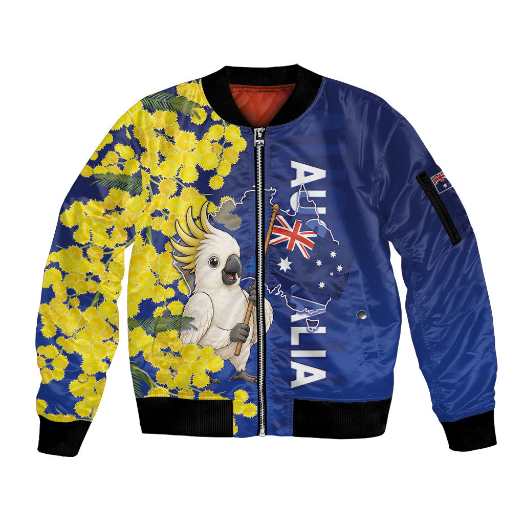 Australia Cockatoo Sleeve Zip Bomber Jacket Aussie Flag With Golden Wattle