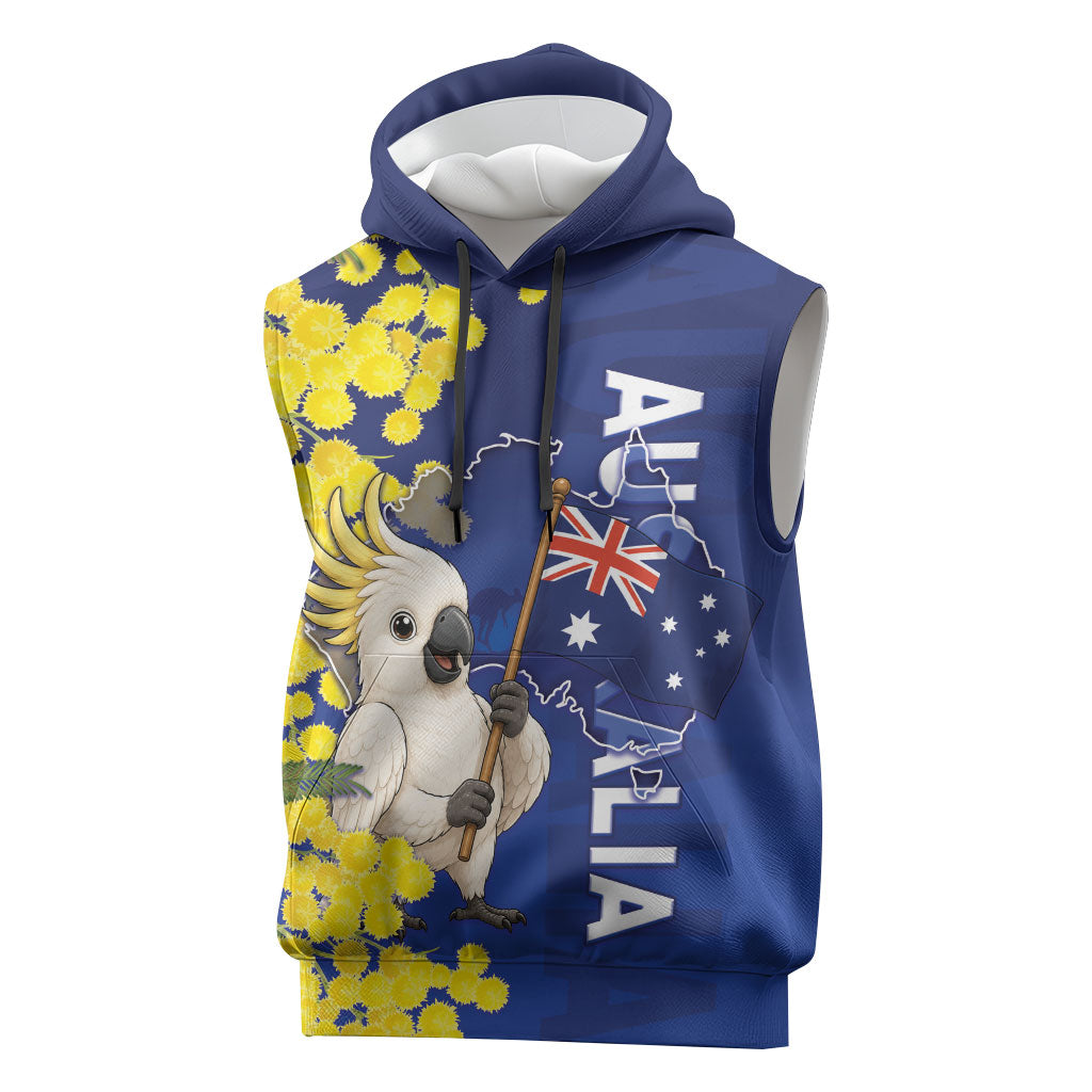 Australia Cockatoo Sleeveless Hoodie Aussie Flag With Golden Wattle