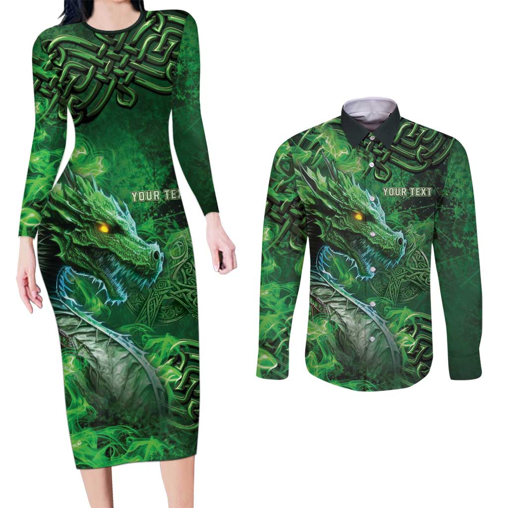 Personalized Ireland Celtic Couples Matching Long Sleeve Bodycon Dress and Long Sleeve Button Shirt Irish Roots Dragon Soul - Wonder Print Shop