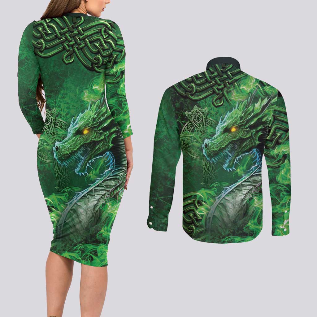 Personalized Ireland Celtic Couples Matching Long Sleeve Bodycon Dress and Long Sleeve Button Shirt Irish Roots Dragon Soul - Wonder Print Shop