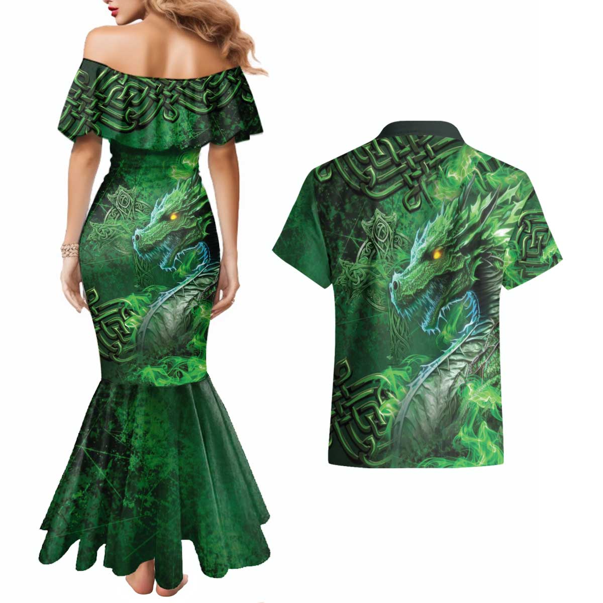 Personalized Ireland Celtic Couples Matching Mermaid Dress and Hawaiian Shirt Irish Roots Dragon Soul - Wonder Print Shop