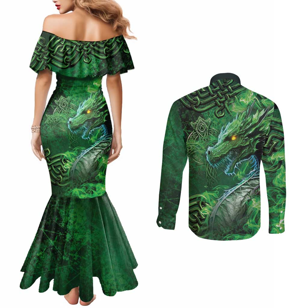 Personalized Ireland Celtic Couples Matching Mermaid Dress and Long Sleeve Button Shirt Irish Roots Dragon Soul - Wonder Print Shop
