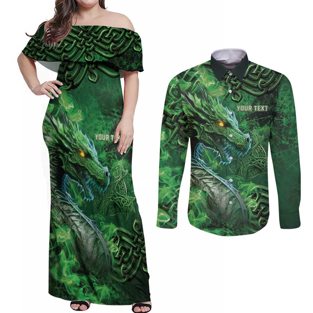 Personalized Ireland Celtic Couples Matching Off Shoulder Maxi Dress and Long Sleeve Button Shirt Irish Roots Dragon Soul - Wonder Print Shop