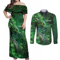 Personalized Ireland Celtic Couples Matching Off Shoulder Maxi Dress and Long Sleeve Button Shirt Irish Roots Dragon Soul - Wonder Print Shop