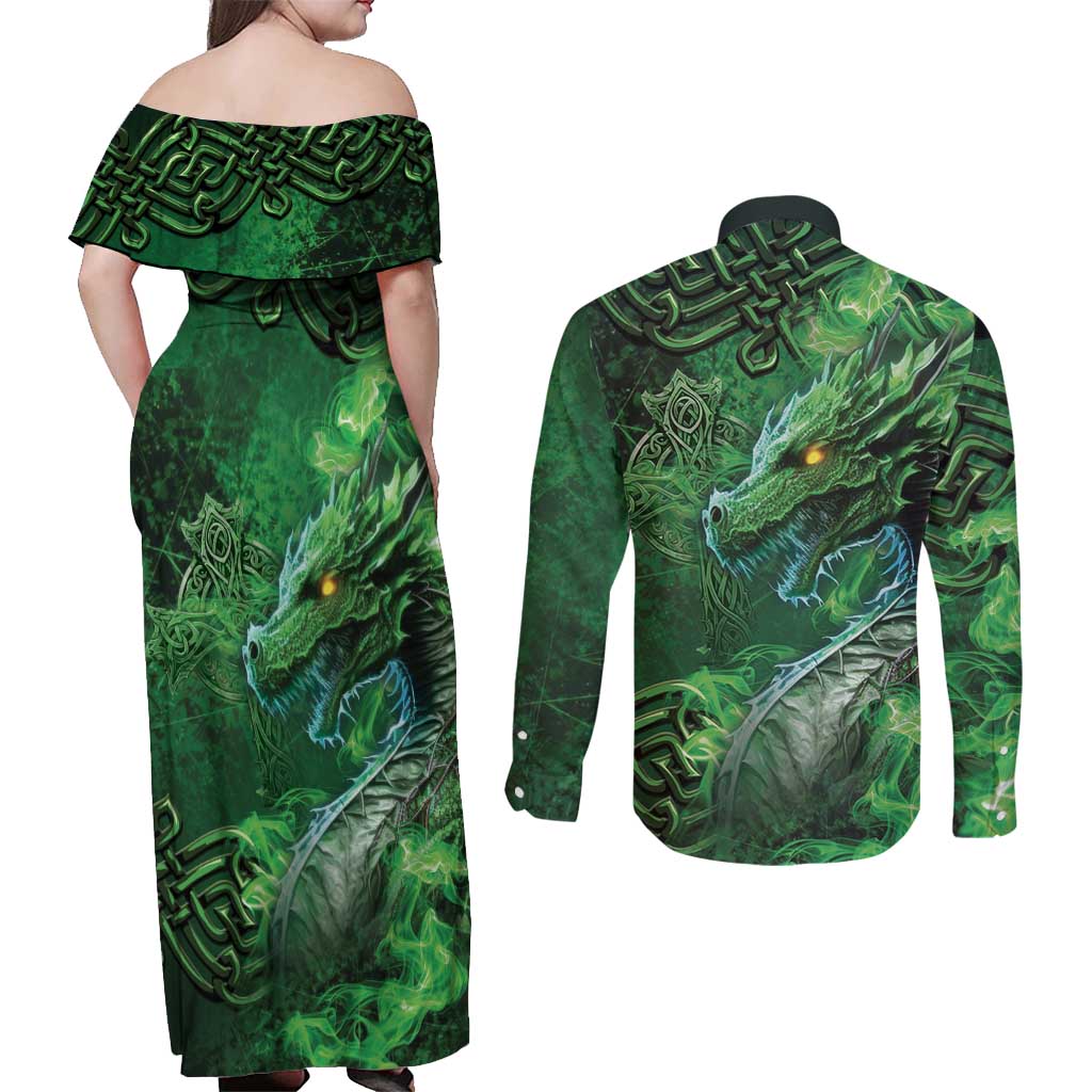 Personalized Ireland Celtic Couples Matching Off Shoulder Maxi Dress and Long Sleeve Button Shirt Irish Roots Dragon Soul - Wonder Print Shop