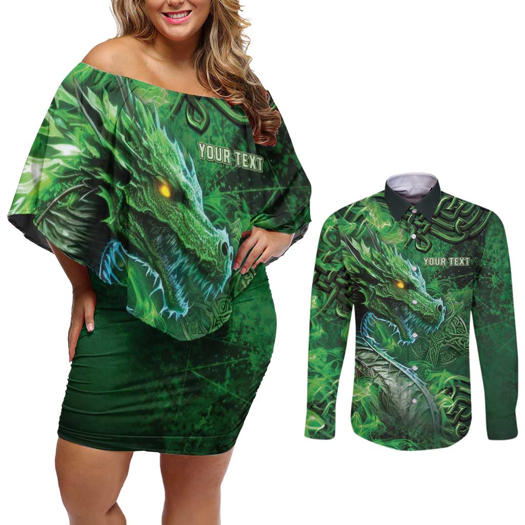 Personalized Ireland Celtic Couples Matching Off Shoulder Short Dress and Long Sleeve Button Shirt Irish Roots Dragon Soul - Wonder Print Shop