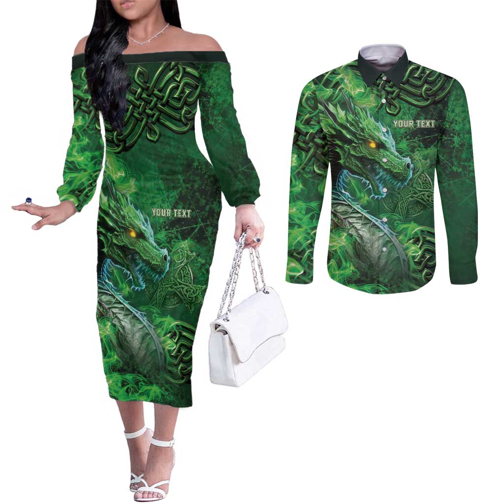 Personalized Ireland Celtic Couples Matching Off The Shoulder Long Sleeve Dress and Long Sleeve Button Shirt Irish Roots Dragon Soul - Wonder Print Shop
