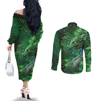Personalized Ireland Celtic Couples Matching Off The Shoulder Long Sleeve Dress and Long Sleeve Button Shirt Irish Roots Dragon Soul - Wonder Print Shop