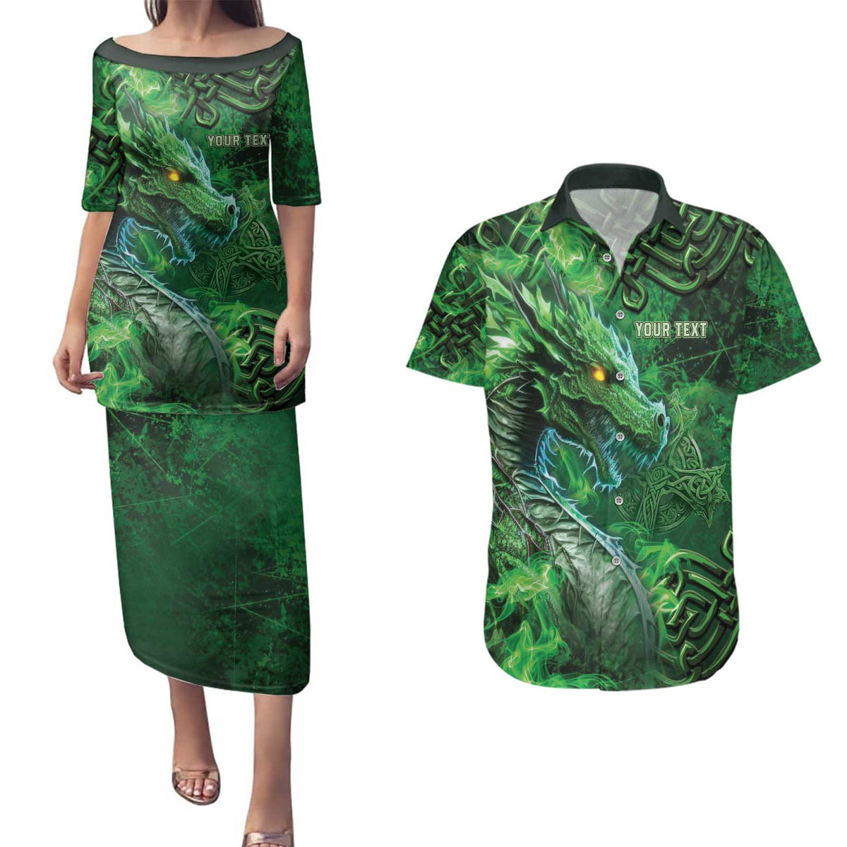 Personalized Ireland Celtic Couples Matching Puletasi and Hawaiian Shirt Irish Roots Dragon Soul - Wonder Print Shop