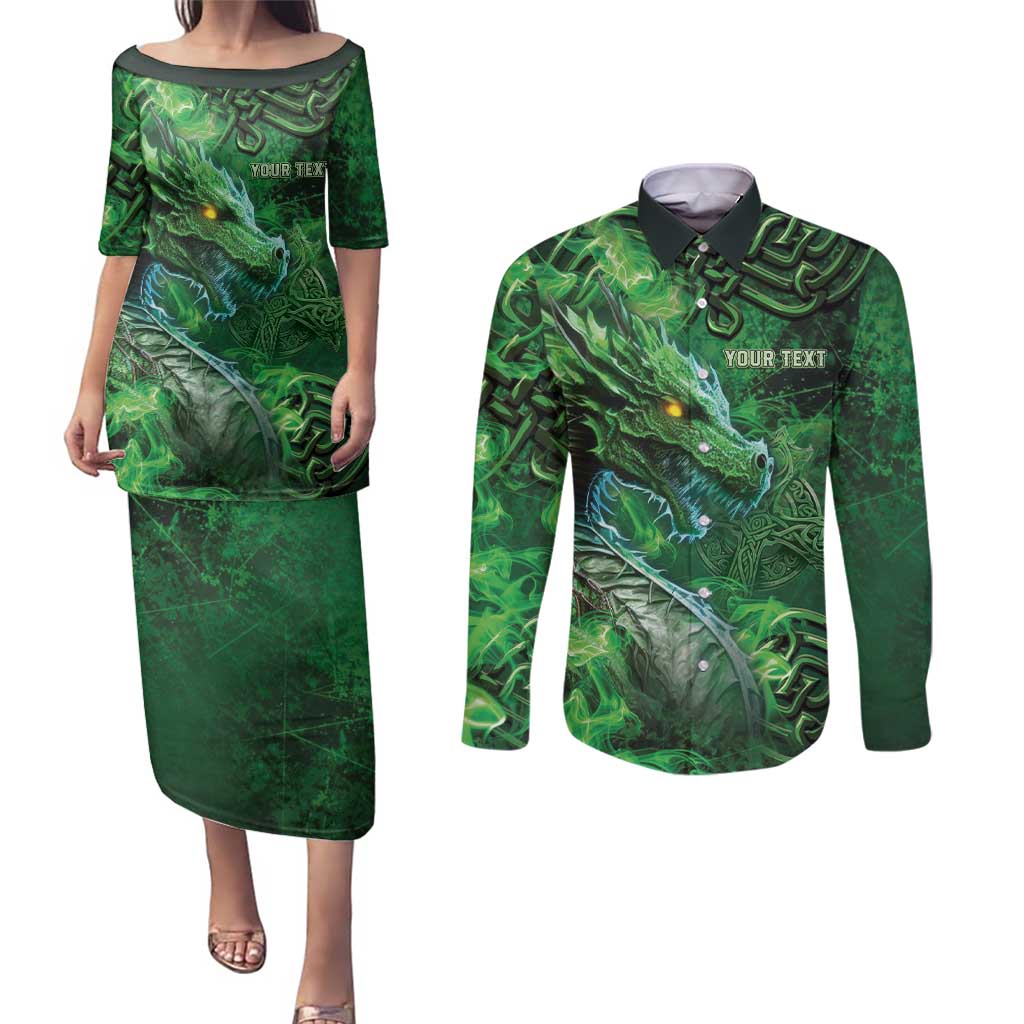 Personalized Ireland Celtic Couples Matching Puletasi and Long Sleeve Button Shirt Irish Roots Dragon Soul - Wonder Print Shop