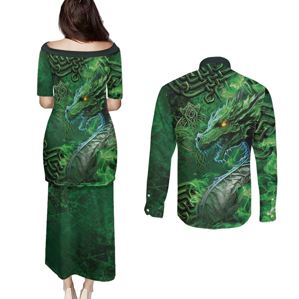 Personalized Ireland Celtic Couples Matching Puletasi and Long Sleeve Button Shirt Irish Roots Dragon Soul - Wonder Print Shop