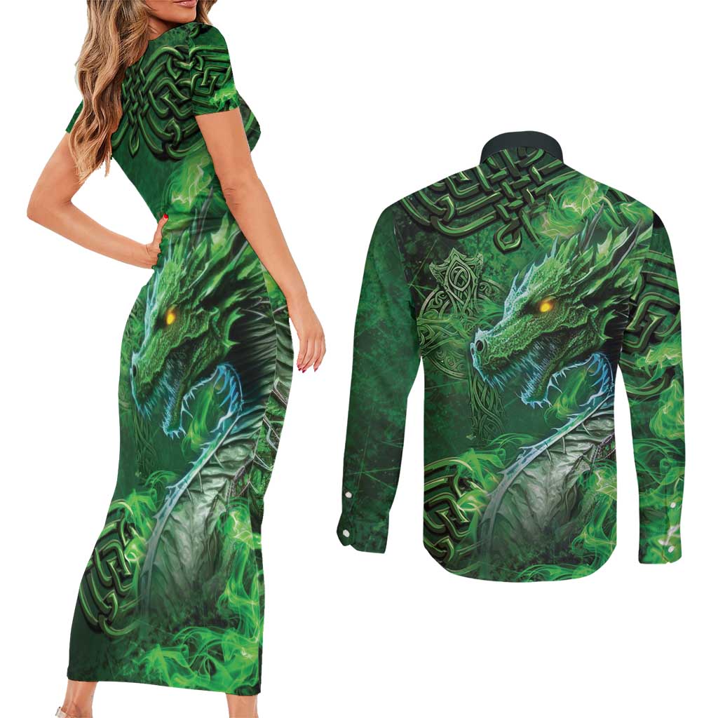 Personalized Ireland Celtic Couples Matching Short Sleeve Bodycon Dress and Long Sleeve Button Shirt Irish Roots Dragon Soul - Wonder Print Shop