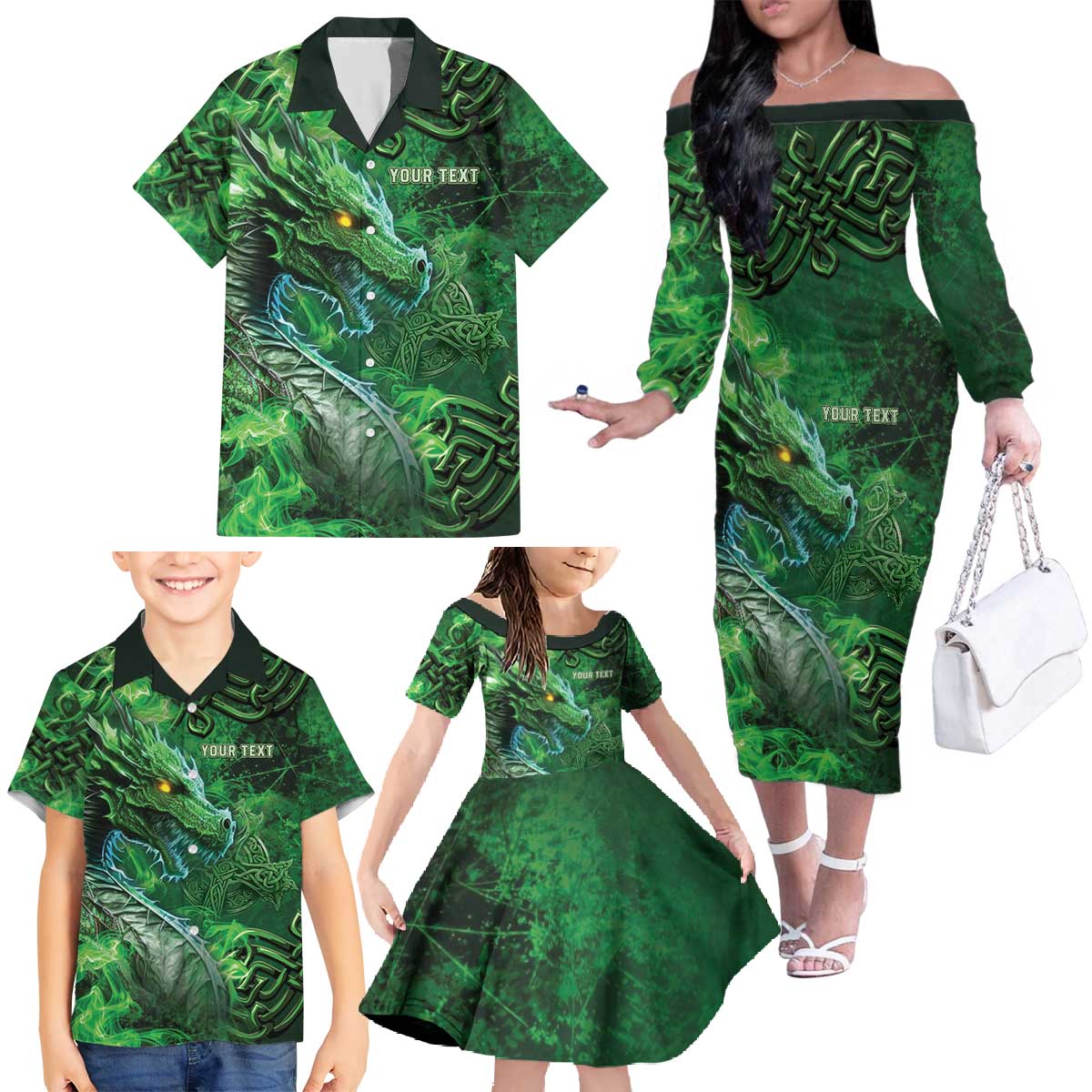 Personalized Ireland Celtic Family Matching Off The Shoulder Long Sleeve Dress and Hawaiian Shirt Irish Roots Dragon Soul - Wonder Print Shop