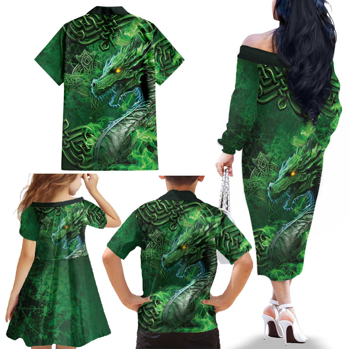Personalized Ireland Celtic Family Matching Off The Shoulder Long Sleeve Dress and Hawaiian Shirt Irish Roots Dragon Soul - Wonder Print Shop