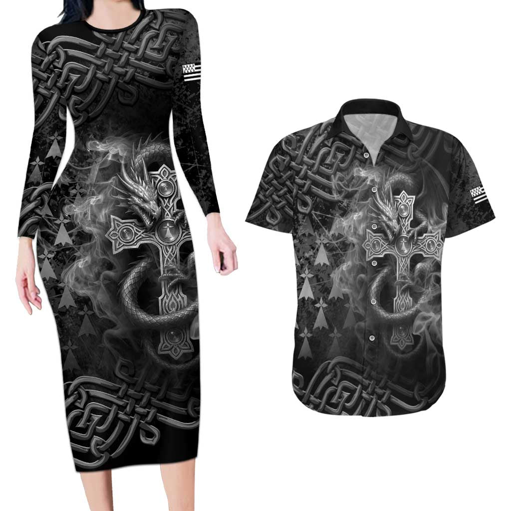 Brittany Celtic Cross Couples Matching Long Sleeve Bodycon Dress and Hawaiian Shirt Fantasy Celtic Dragon - Wonder Print Shop