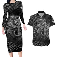 Brittany Celtic Cross Couples Matching Long Sleeve Bodycon Dress and Hawaiian Shirt Fantasy Celtic Dragon - Wonder Print Shop