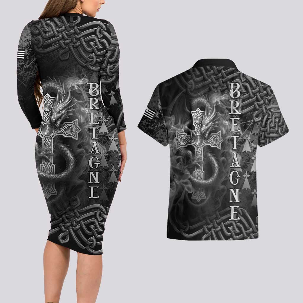 Brittany Celtic Cross Couples Matching Long Sleeve Bodycon Dress and Hawaiian Shirt Fantasy Celtic Dragon - Wonder Print Shop