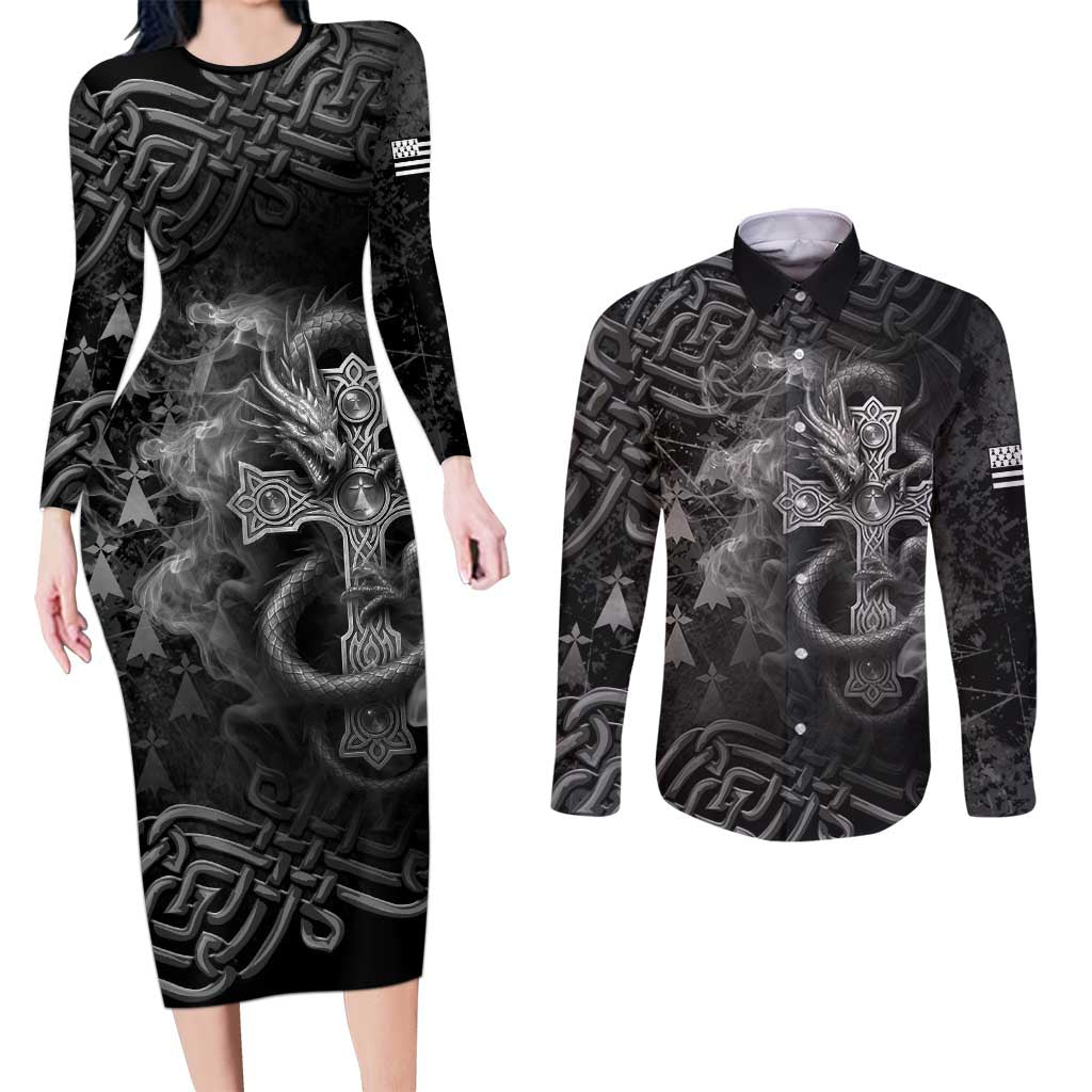 Brittany Celtic Cross Couples Matching Long Sleeve Bodycon Dress and Long Sleeve Button Shirt Fantasy Celtic Dragon - Wonder Print Shop