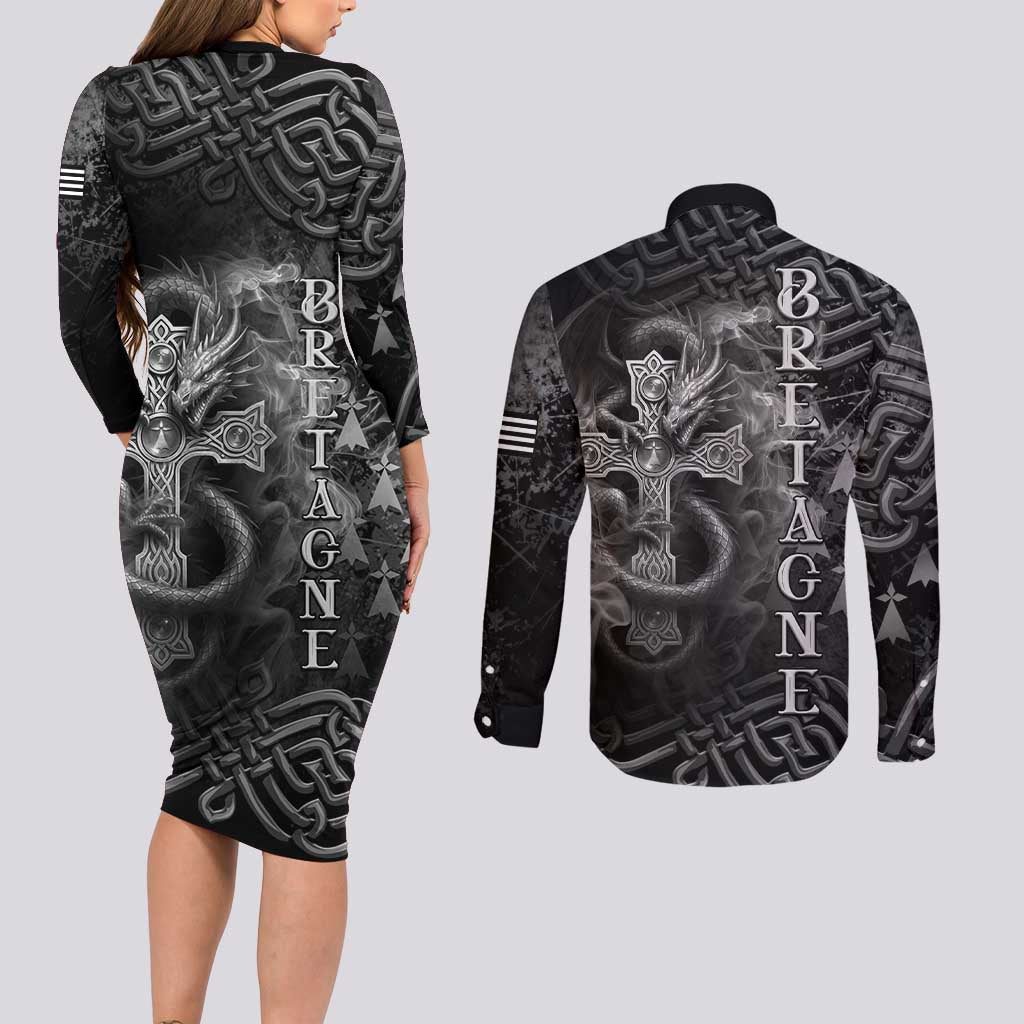 Brittany Celtic Cross Couples Matching Long Sleeve Bodycon Dress and Long Sleeve Button Shirt Fantasy Celtic Dragon - Wonder Print Shop