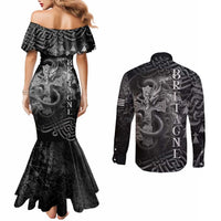Brittany Celtic Cross Couples Matching Mermaid Dress and Long Sleeve Button Shirt Fantasy Celtic Dragon - Wonder Print Shop