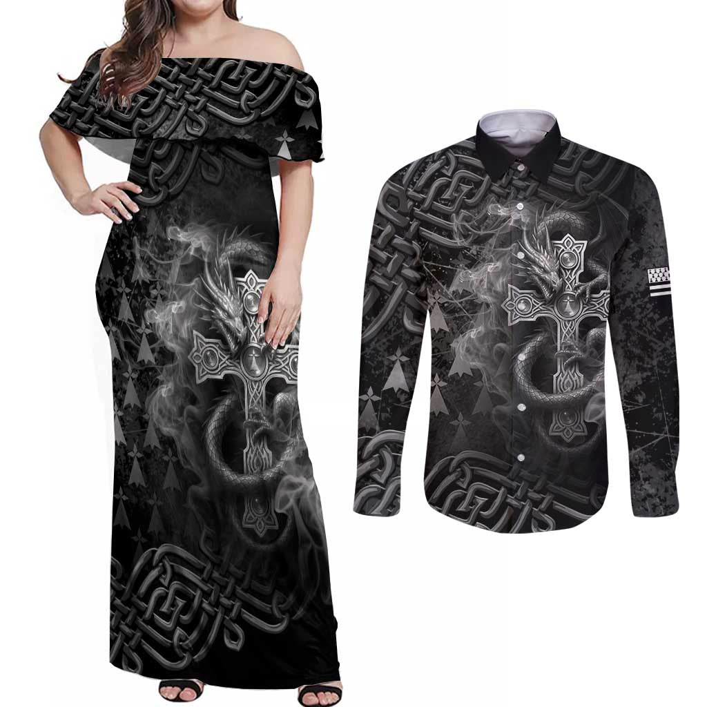 Brittany Celtic Cross Couples Matching Off Shoulder Maxi Dress and Long Sleeve Button Shirt Fantasy Celtic Dragon - Wonder Print Shop