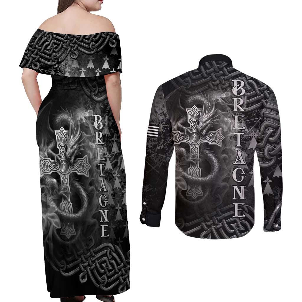 Brittany Celtic Cross Couples Matching Off Shoulder Maxi Dress and Long Sleeve Button Shirt Fantasy Celtic Dragon - Wonder Print Shop