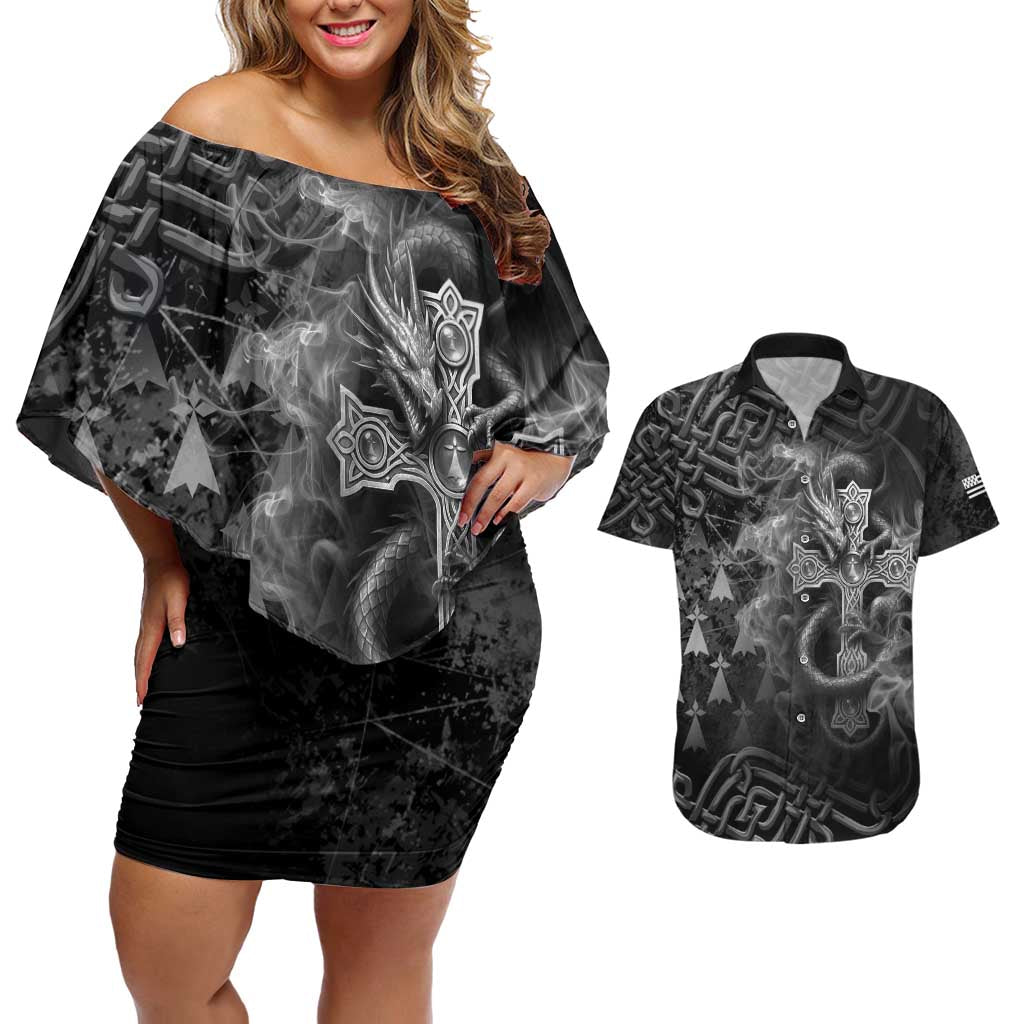 Brittany Celtic Cross Couples Matching Off Shoulder Short Dress and Hawaiian Shirt Fantasy Celtic Dragon - Wonder Print Shop