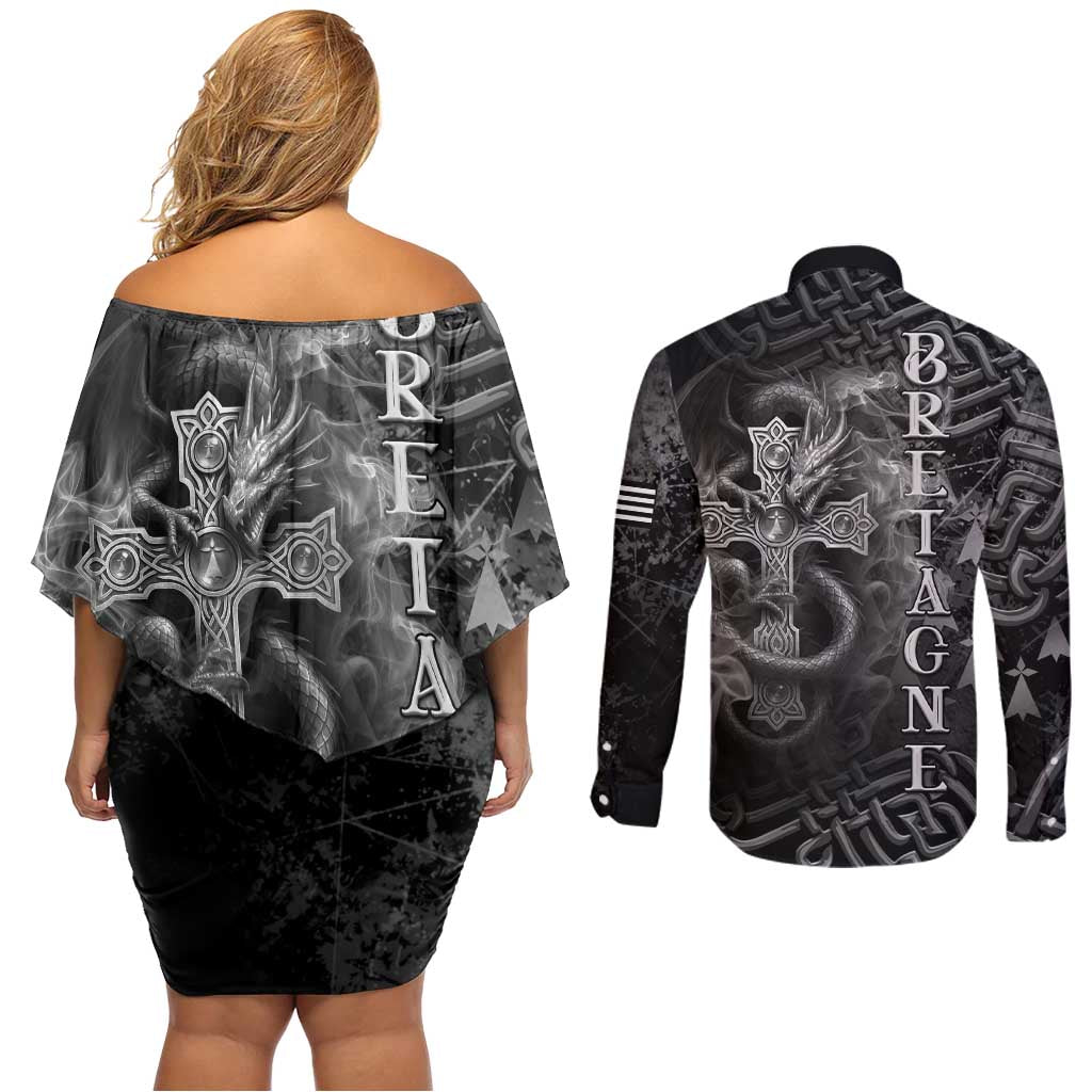 Brittany Celtic Cross Couples Matching Off Shoulder Short Dress and Long Sleeve Button Shirt Fantasy Celtic Dragon - Wonder Print Shop