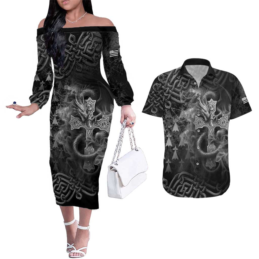 Brittany Celtic Cross Couples Matching Off The Shoulder Long Sleeve Dress and Hawaiian Shirt Fantasy Celtic Dragon - Wonder Print Shop