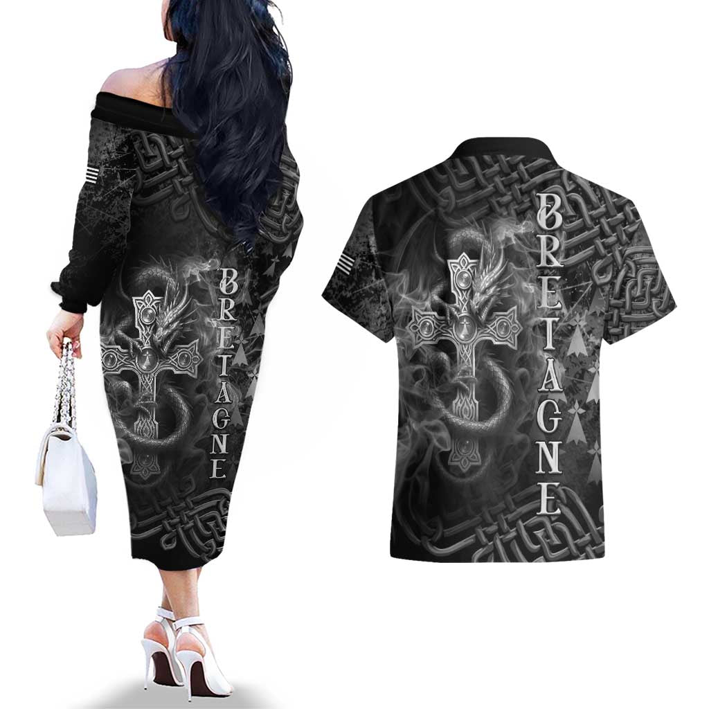 Brittany Celtic Cross Couples Matching Off The Shoulder Long Sleeve Dress and Hawaiian Shirt Fantasy Celtic Dragon - Wonder Print Shop