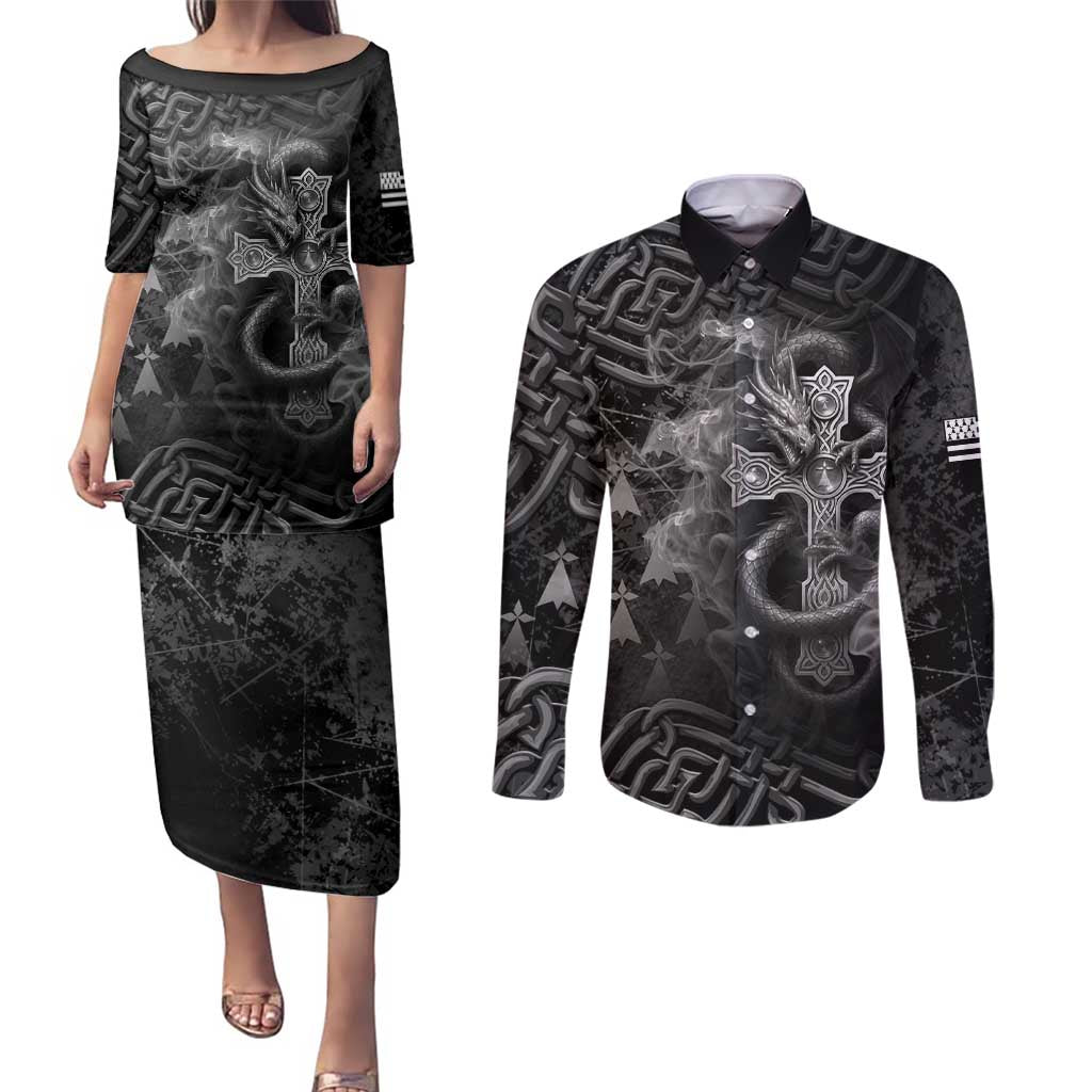Brittany Celtic Cross Couples Matching Puletasi and Long Sleeve Button Shirt Fantasy Celtic Dragon - Wonder Print Shop