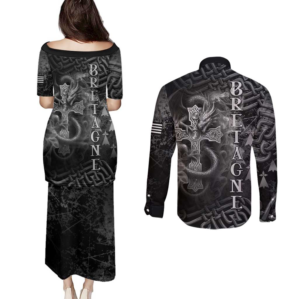 Brittany Celtic Cross Couples Matching Puletasi and Long Sleeve Button Shirt Fantasy Celtic Dragon - Wonder Print Shop