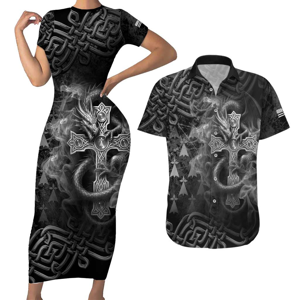 Brittany Celtic Cross Couples Matching Short Sleeve Bodycon Dress and Hawaiian Shirt Fantasy Celtic Dragon - Wonder Print Shop