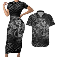 Brittany Celtic Cross Couples Matching Short Sleeve Bodycon Dress and Hawaiian Shirt Fantasy Celtic Dragon - Wonder Print Shop