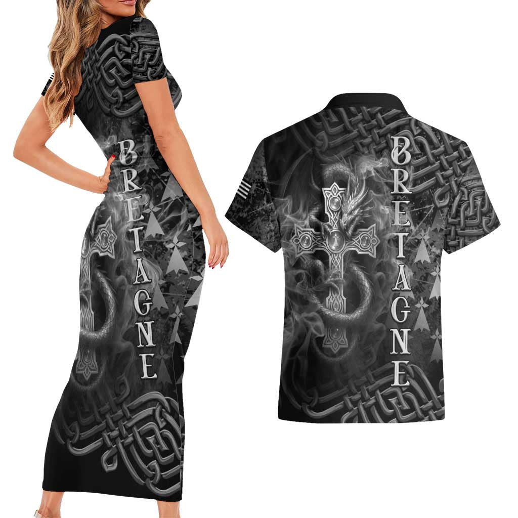 Brittany Celtic Cross Couples Matching Short Sleeve Bodycon Dress and Hawaiian Shirt Fantasy Celtic Dragon - Wonder Print Shop