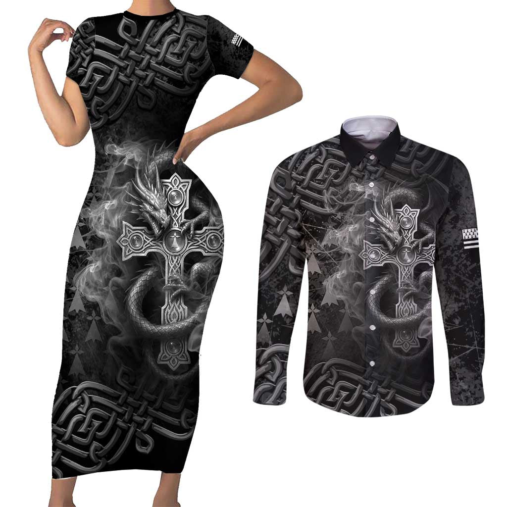 Brittany Celtic Cross Couples Matching Short Sleeve Bodycon Dress and Long Sleeve Button Shirt Fantasy Celtic Dragon - Wonder Print Shop