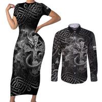 Brittany Celtic Cross Couples Matching Short Sleeve Bodycon Dress and Long Sleeve Button Shirt Fantasy Celtic Dragon - Wonder Print Shop
