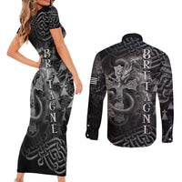 Brittany Celtic Cross Couples Matching Short Sleeve Bodycon Dress and Long Sleeve Button Shirt Fantasy Celtic Dragon - Wonder Print Shop