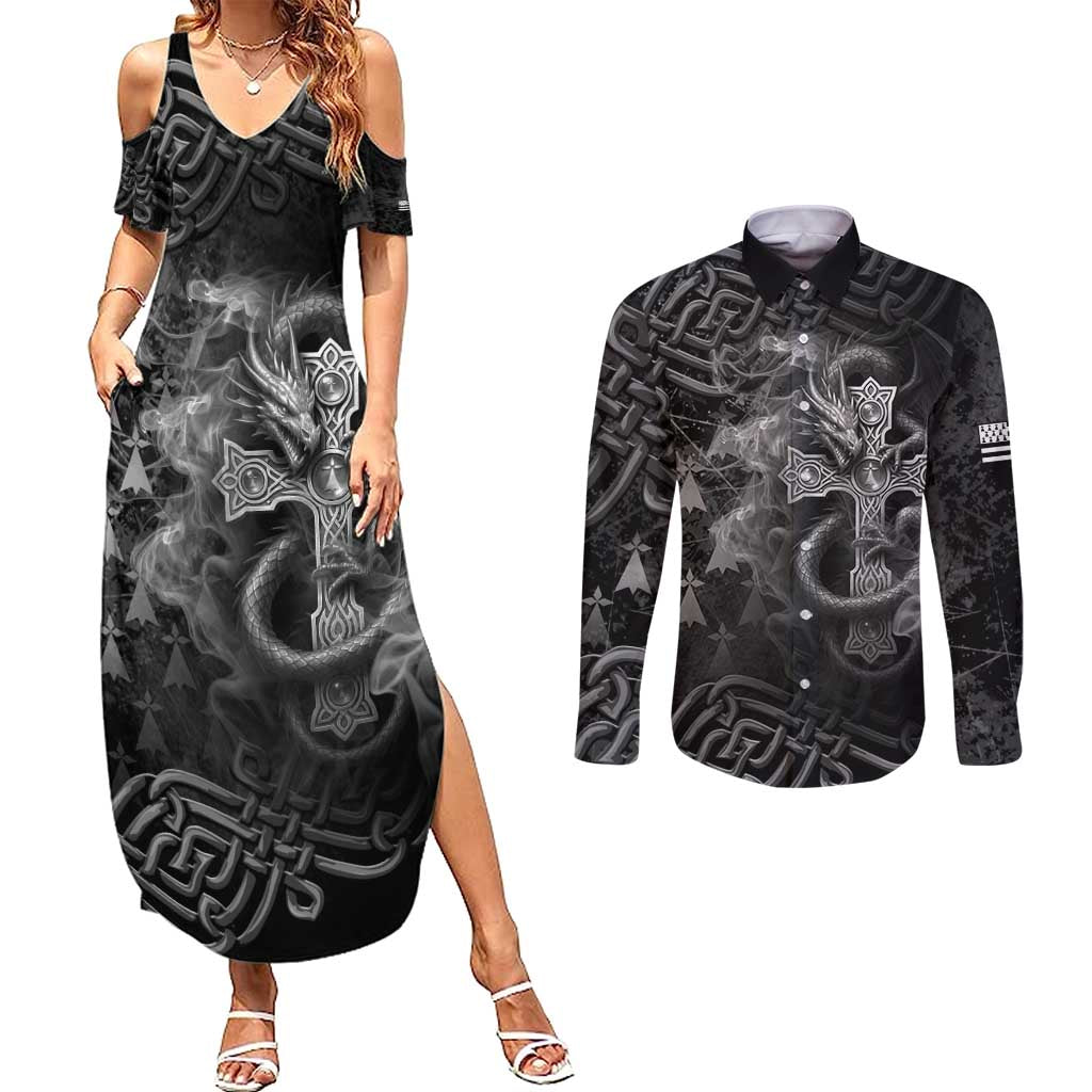 Brittany Celtic Cross Couples Matching Summer Maxi Dress and Long Sleeve Button Shirt Fantasy Celtic Dragon - Wonder Print Shop