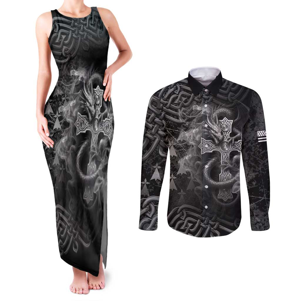 Brittany Celtic Cross Couples Matching Tank Maxi Dress and Long Sleeve Button Shirt Fantasy Celtic Dragon - Wonder Print Shop