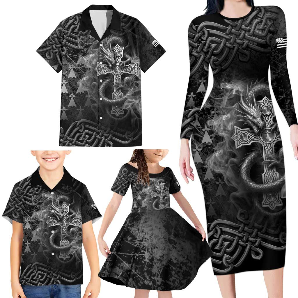 Brittany Celtic Cross Family Matching Long Sleeve Bodycon Dress and Hawaiian Shirt Fantasy Celtic Dragon - Wonder Print Shop