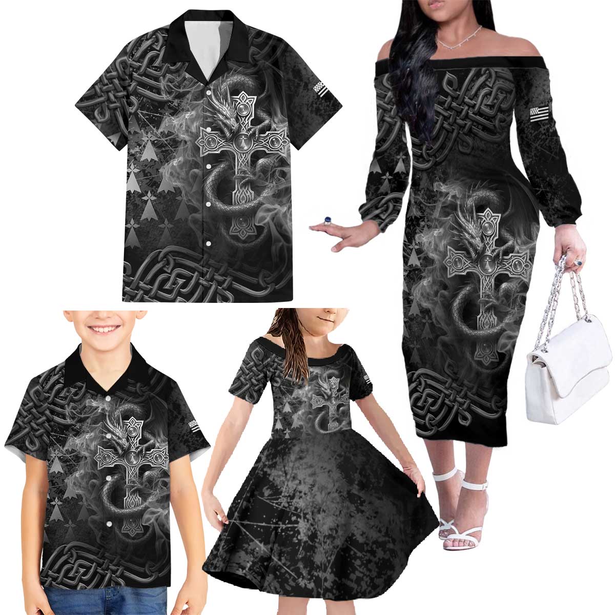 Brittany Celtic Cross Family Matching Off The Shoulder Long Sleeve Dress and Hawaiian Shirt Fantasy Celtic Dragon - Wonder Print Shop