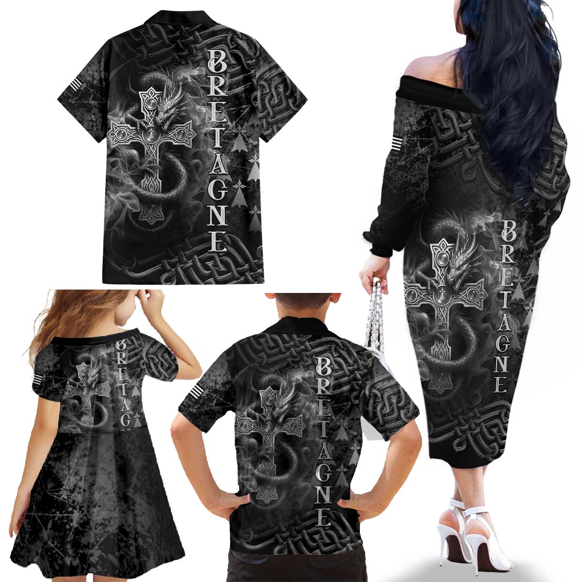 Brittany Celtic Cross Family Matching Off The Shoulder Long Sleeve Dress and Hawaiian Shirt Fantasy Celtic Dragon - Wonder Print Shop