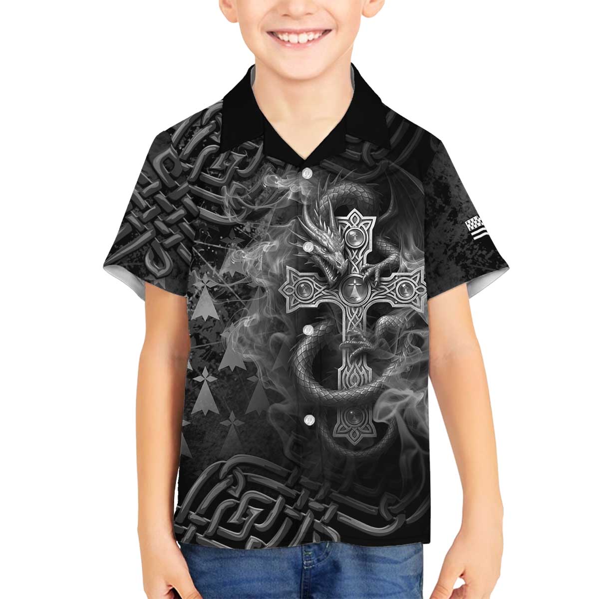 Brittany Celtic Cross Family Matching Off The Shoulder Long Sleeve Dress and Hawaiian Shirt Fantasy Celtic Dragon - Wonder Print Shop