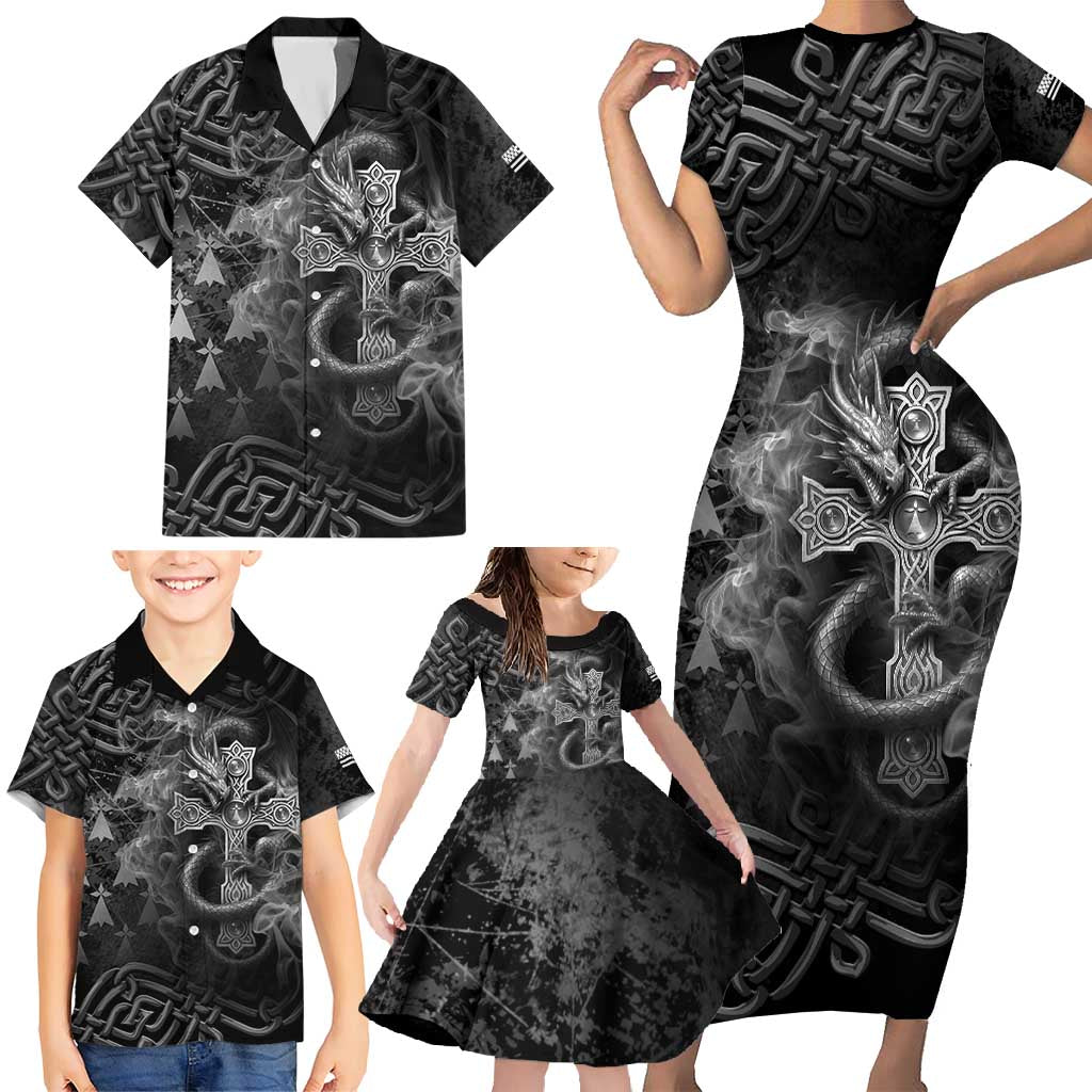 Brittany Celtic Cross Family Matching Short Sleeve Bodycon Dress and Hawaiian Shirt Fantasy Celtic Dragon - Wonder Print Shop