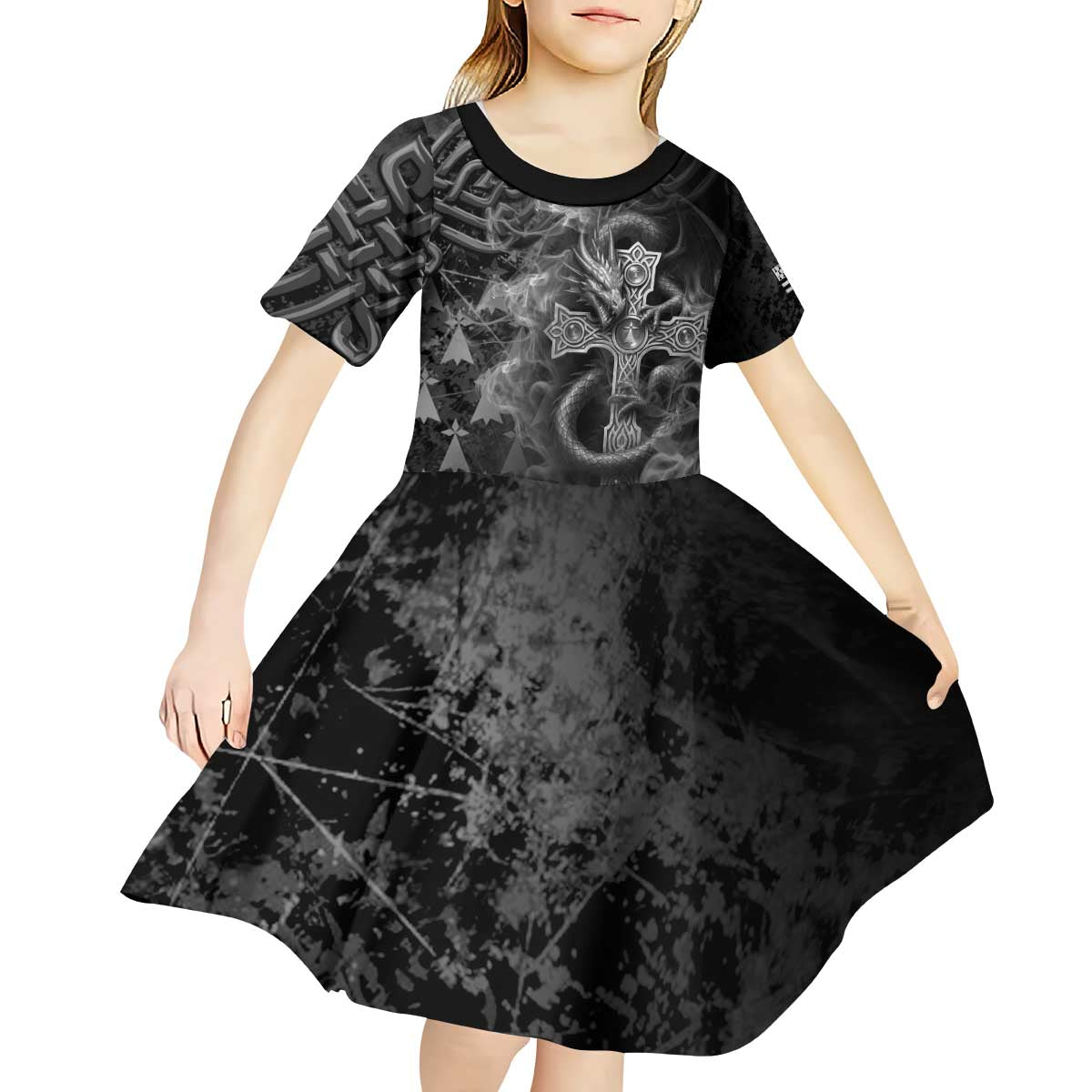 Brittany Celtic Cross Kid Short Sleeve Dress Fantasy Celtic Dragon - Wonder Print Shop